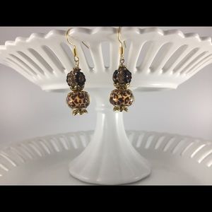 Handmade Earrings Leopard Print Brown/Black/Tan/Gold Glass